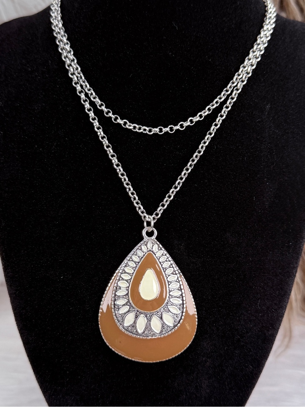 Vintage Silver Tone Teardrop Pendant Necklace Brown Enamel Statement